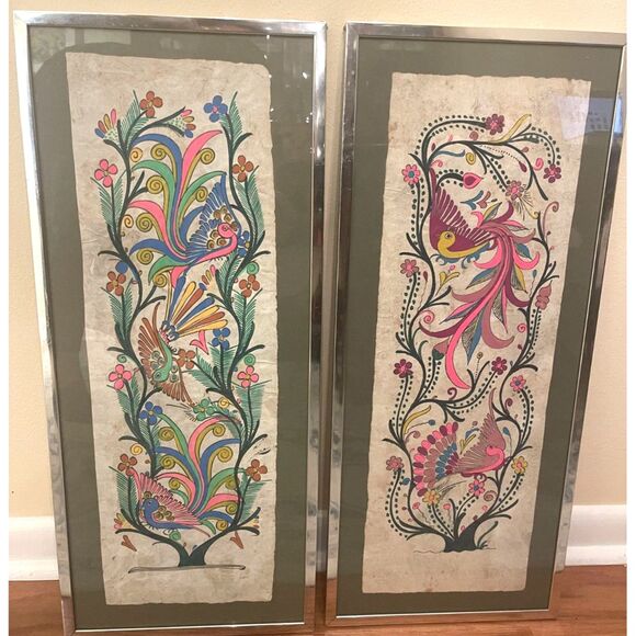 VTG Set of Hand Painted Mexican Amate Folk Art Wall Decor Birds Floral Ethnic - Picture 2 of 16